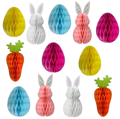 12 decorazioni pasquali, decorazioni per albero di Pasqua, ornamenti di carta, ciondolo a forma di palla a nido d'ape con coniglietto E-aster, ciondolo a forma di palla a nido d'ape, ornamenti di