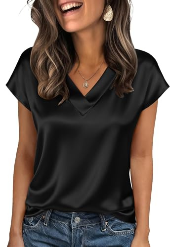 Zeagoo Blusa satén Mujer Manga Corta Cuello en V Seda Tops Elegantes Camisa