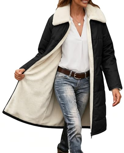 Tuopuda Manteau Femme Hiver Long Veste Polaire Chaud Parkas Matelassée Élégant à Col Blouson Zippée Coupe-vent Casual Manteaux Manches Longues avec Poches