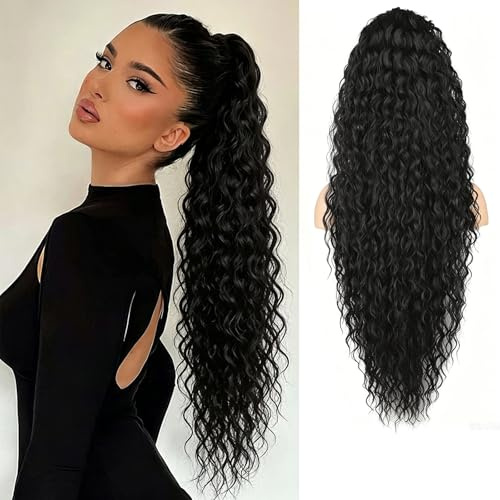 LIULINY 90 cm lång lockig vågig hästsvans förlängning med snöre svart | Hårstycke, lång lockig hästsvans, vågig, vågig, hårförlängning, syntetisk falsk ponytail hårstycke