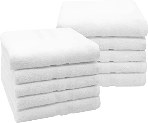 ZOLLNER 10er Set Handtücher in 50x100 cm - Flauschige Duschtücher aus Baumwolle - mit moderner Streifenbordüre - waschbar bis 95°C - mit praktischem Aufhänger - in weiß - Hotelqualität