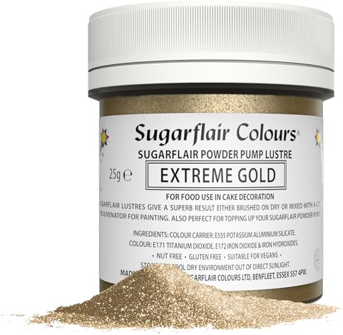 Sugarflair Extreme Gold Edible Glitter Dust Powder Pump Refill Tub - Food Colouring Powder, Edible Colour Dust, Brush On, Spray, or Add Rejuvenator to Create Eye-Catching Paint Effect - 25g