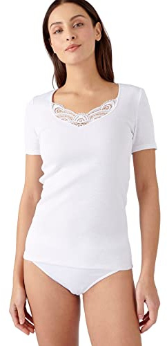 Damart - T-Shirt Fine Côte Guipure Thermolactyl, Femme, Blanc, Taille M, Manches Courtes