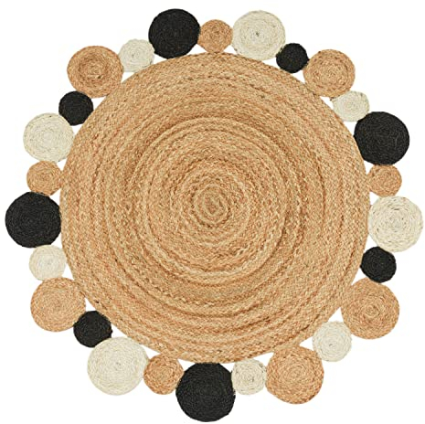 Paco Home Teppich Rund Wohnzimmer Jute Boho Ethno Muster Modern Handgefertigt Naturteppich, Grösse:120 cm Rund, Farbe:Schwarz 2