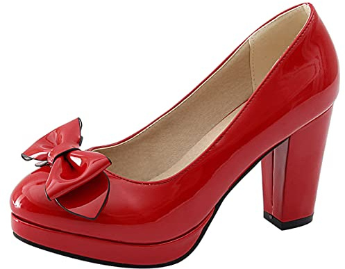 Bviennic Bride Closed Toe Boda Bows Tacón Ancho Pump Charol