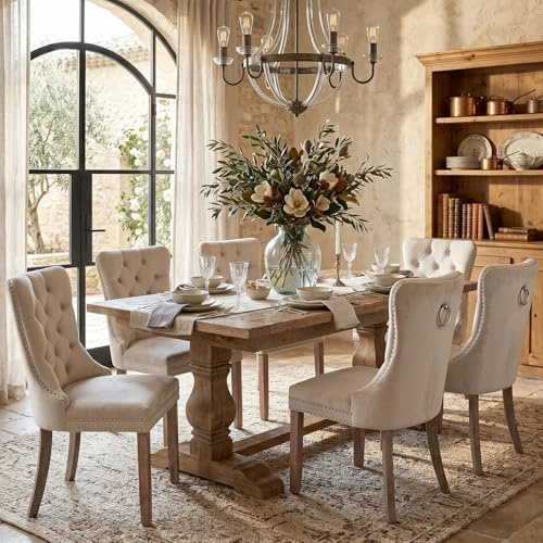 Chaises salle à manger dossier à ailes capitonné, Beige crème, Lot 6 | Revêtement velours souple, anneau dossier, pieds bois. Idéal salle à manger, salon, décoration intérieure.
