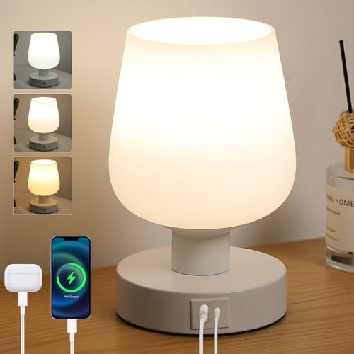 Lightess Lamparas de Mesita de Noche Tactil Regulable, Lampara de Mesa con Pantalla de Cristal Blanco y Puerto USB A+C, Lampara Noche E27 con Enchufe para Dormitorio Salón, Bombilla LED Incluida
