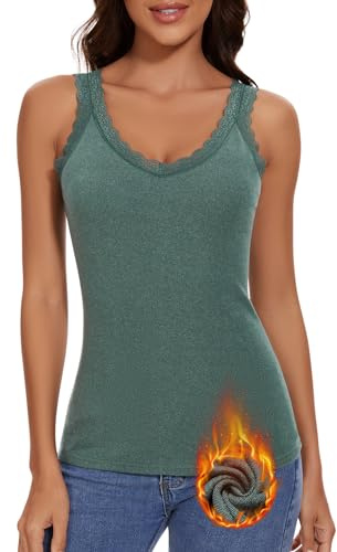 WOWENY Débardeur Thermique pour Femme Camisole avec Maillot de Corps en Dentelle Cami Chaud Col en V Polaire Haut sans Manches en Dentelle élégante