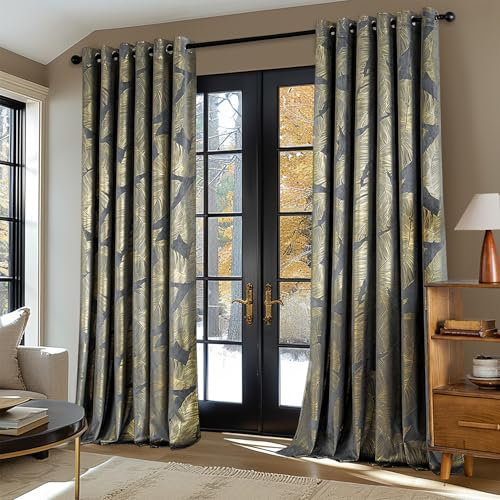 MIULEE Velvet Curtains with Gold Foil Leaves Pattern, 2 Pieces Grey Velvet Drapes with Eyelets, Each 90 x 90 Inch, Room Darkening for Classical Living Room Bedroom
