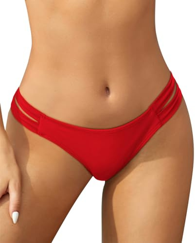 SHEKINI Womens Bikini Bottoms Low Rise Strappy Brazilian Thong Red M