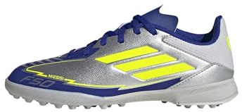 adidas Unisex Kids F50 League Football Boots Turf, Silver Metallic/Solar Yellow/Lucid Blue, 5 UK