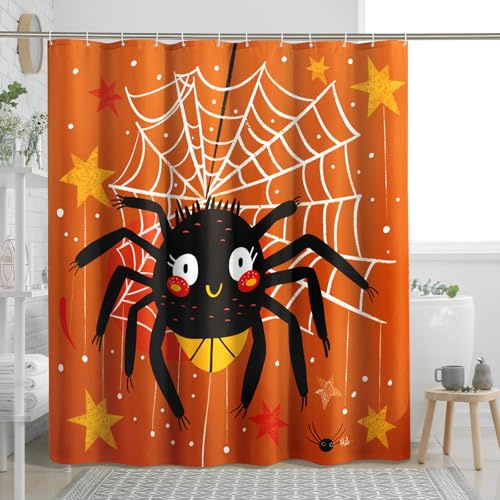 Rideau de douche motif araignée, rideau de douche Halloween orange noir sur toile d'araignée pour décoration de salle de bain, ensemble de rideau de douche amusant en tissu imperméable pour enfants