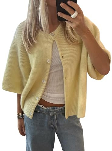 Felcia Women's Knitted Crop Cardigan Shirt Short Sleeve Sweater Round Neck Ribbed Button Down Sweater Y2k Preppy Fall Outfits (A-Yellow, S)