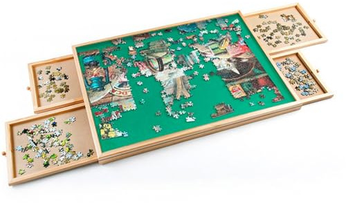 Easylife Pusselorganiserare (H3,5 x B89 x D66 cm med yta på L 87 x B 64 cm). Pusselbräda med 4 pusselbrickor i trä, kontursågbräda i trä, 1 500 delar med filtyta – helt garanterad