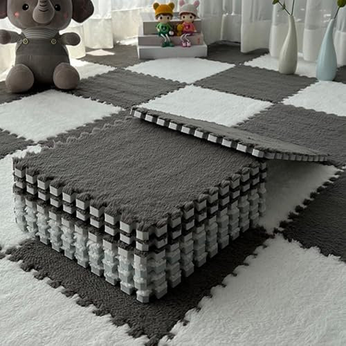 Tappeto ad Incastro, soffice Tappeto in Schiuma, soffice Tappeto in Schiuma Puzzle, per la Decorazione della Camera da Letto del Salotto (60 * 60 * 1 cm) (Grigio-Bianco, 12p)