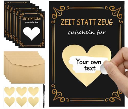 Gutscheine zum Selber Ausfüllen, 6 Sets DIY Rubbelkarten zum Selber Beschriften, Rubbelkarte mit Umschlägen und Herzform Rubbelaufkleber, Zeit Statt Zeug Gutschein für Geburtstag, Hochzeit, Party