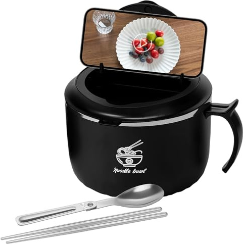 Alongen 1600ml Rapid Ramen Bowl with Filterable Lid, with Splicing Spoon and Folding Chopsticks Multipurpose Cooker with Lid for Home Office College Dorm Room