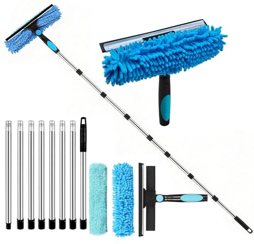 Bolizon 11FT(3.3m) Window Cleaning Equipment,Window Cleaner,Telescopic Window Squeegee Cleaner with Long Handle,2-in-1 window cleaning kit for Home, Shower, Car, RV, Upstairs Windows & Solar Panels