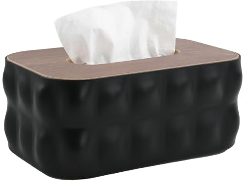 Scatola per Fazzoletti in Plastica con Coperchio in Bambù, Dispenser Rettangolare per Bagno, Cucina, Ufficio e Auto, 21 x 13 x 9 cm, Nero