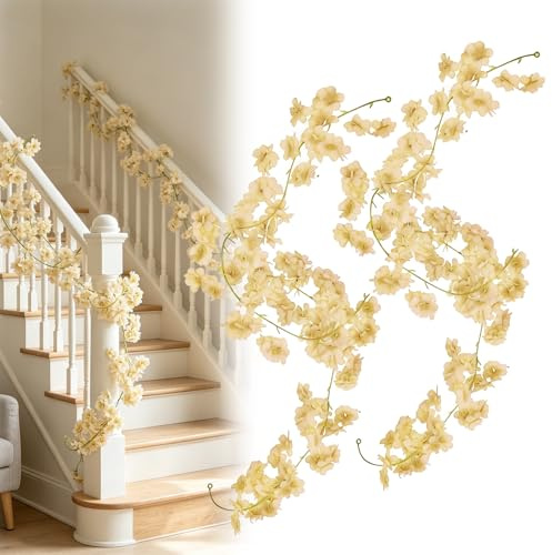 YUZHEDM 2 Piezas Guirnalda de Flores Artificiales - 1,8m Enredaderas de Flores de Cerezo para Decoración Exterior Boda Hogar - Guirnaldas de Seda realistas con Flores - Color Champán