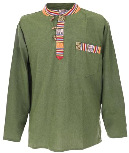 GURU SHOP, Camicia da Pescatore Etnico Nepalese, Camicia Goa, Oliva, Cotone, Dimensione Indumenti:XL, Camicie