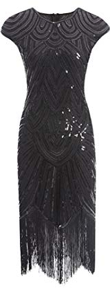 shoperama 20er Jahre Charleston Kleid Pailletten Fransen Flapper Gatsby 20's Fransenkleid Damen-Kostüm, Größe:L, Farbe:Schwarz/Schwarz