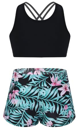Freebily Baddräkt för flickor flickor Bustier Bikiniset, Svart & grön, 13-14 �r