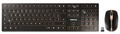 Cherry DW 9100 Slim, Pack de Teclado y Ratón Inalámbricos, Distribución de Teclado Español (QWERTY), Bluetooth y Radiofrecuencia de 2,4 GHz, Teclas Silenciosas, Recargable, Negro/Bronce