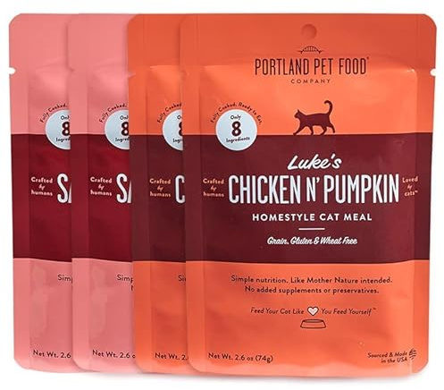 Human-Grade Mixed Variety Pack Wet Cat Food Pouch — Moist, Soft Cat Food Mixer, Topper, and Rotational Meal (2 Chicken, 2 Salmon) by Portland Pet Food Company