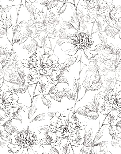 JiffDiff Black and White Floral Wallpaper 17.3 x 394 Peonies Removable Peel and Stick Flower Wall Paper Sketched Floral Self-Adhesive Prepasted Wallpaper Wall Decor