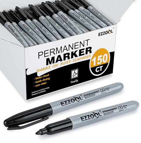 Ezzgol Permanent Markers Bulk, 150 Pack Fine Tip Black Permanent Markers, Waterproof Markers, Premium Smear Proof Pens, Quick Drying, Office Supplies for School, Office, Home