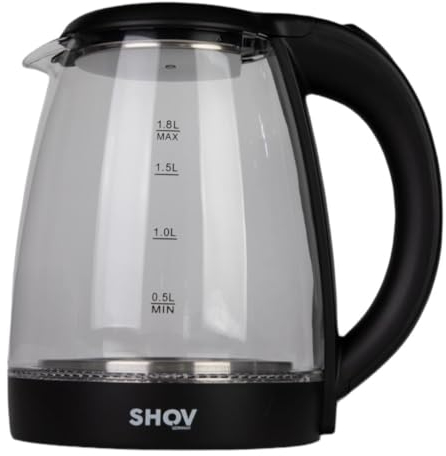 SHOV Bollitore in vetro, 1,8 l, 1500 W, illuminazione a LED, base a 360°, protezione contro il funzionamento a secco, nero
