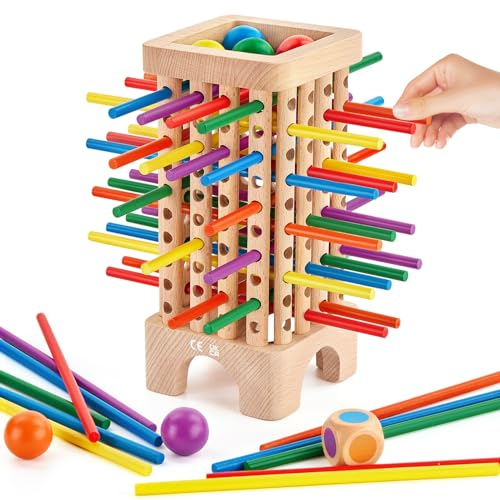Wooden Board Game Montessori Toys, 42 Colourful Sticks Dice Game Math Educational Toy, Family Fun Ball Dropping Game, 1 to 6 Players Fine Motor Skills Travel Games for 3 4 5 6 Years Old Boy Girl