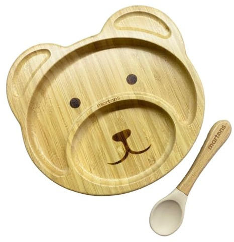 Martons bambu björn tallrik med sugkopp, halkfri med matchande babysked, porslinsset med vacker presentask, universell beige färg
