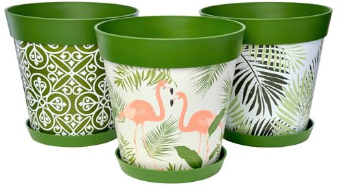 Hum Flowerpots set of 3 plastic, indoor/outdoor plant pots 25cm without drainage holes, and 3 saucers (Green Mix)