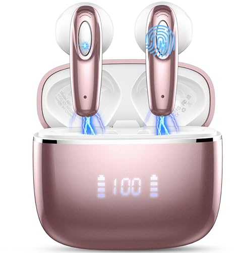 Ecouteurs Bluetooth sans Fil, Écouteur Bluetooth 5.3 avec 4 ENC Réduction Bruit Mic, Écouteur sans Fil HiFI Son Stéréo, 40H Durée Lecture Casque Bluetooth Écran LED, IP7 Étanche Sport Oreillette, Rose