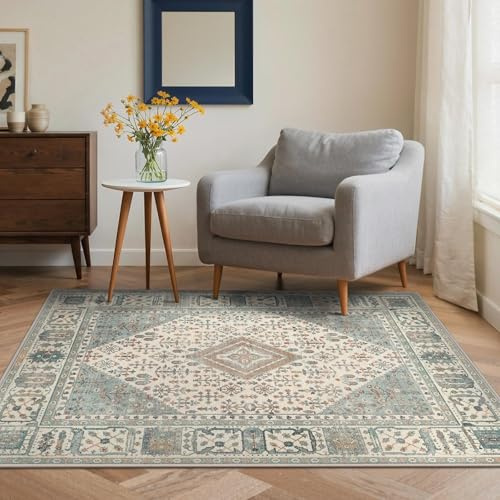 GENIMO Washable Rug 120x170cm - Boho Green Living Room Carpet No Pile | Ethnic Oriental Pattern | Durable Easy Clean | for Bedroom, Balcony, Conservatory, Hallway