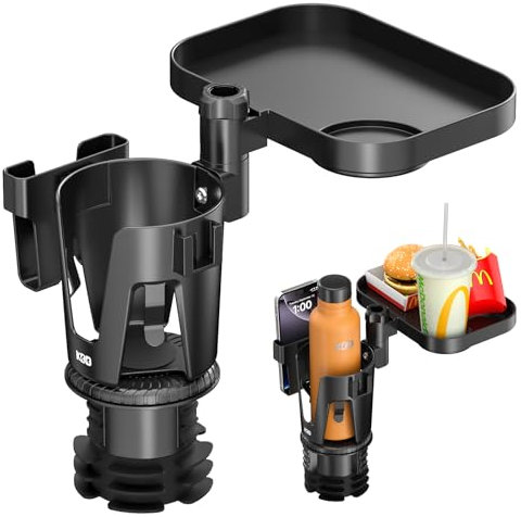 KDD Car Cup Holder Expander - 3 in 1 Cup Holder Adapter with Adjustable Base & Detachable Phone Holder, 360°Rotation Food Tray for Car - Compatible with Vehicles, Car, Road Trip Essentials