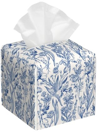 Vintage Floral Leather Tissue Box Holder Blue Flowers Tissue Box Cover Facial Paper Case Organizer Cube Napkin Dispenser for Bathroom Vanity Countertop Night Stand Office Car