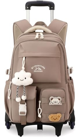 Tanou Zaino Trolley Scuola Elementare e Media, Zaini con Ruote da 30L per Ragazze Adolescenti, Zaino Rotelle Bambina Staccabile da Viaggio, Marrone