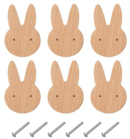 sourcing map Lot de 6 boutons de placard en bois en forme de lapin, trou unique avec vis pour meubles de chambre d'enfant, placard, porte, commode, tiroirs
