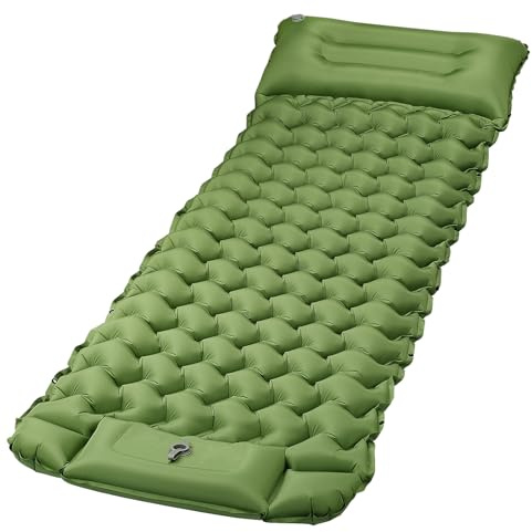 Quirlig Materassino campeggio Singolo, Materassino Gonfiabile Campeggio Ultraleggero con Cuscino, Materassino Trekking con Pompa a Pedale integrata, Materasso Tenda 68x198, Verde