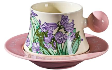 Stengods/Porslin Mugg 230Ml Keramik Blommig Fransk Kaffekopp Och Fat Set - Lila Klockblomma Ljusrosa