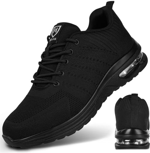 Safety Shoes Mens, Work Trainers with Steel Toe Cap, Lightweight Comfortable Industrial Sneakers with Air Cushion(Black,11.5 UK)
