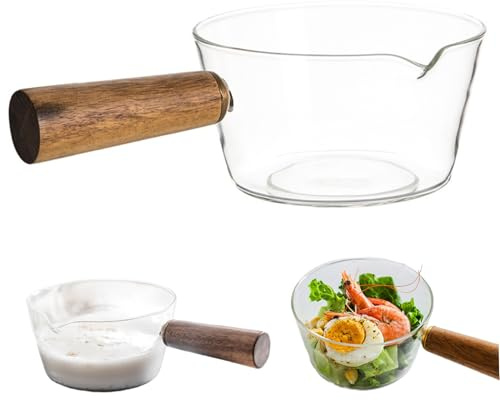Milk Pot, 600ml Clear Glass Saucepan with Wooden Handle & Spout, Nonstick Simmer Pot for Noodles, Pasta, Soup, Milk and Baby Food