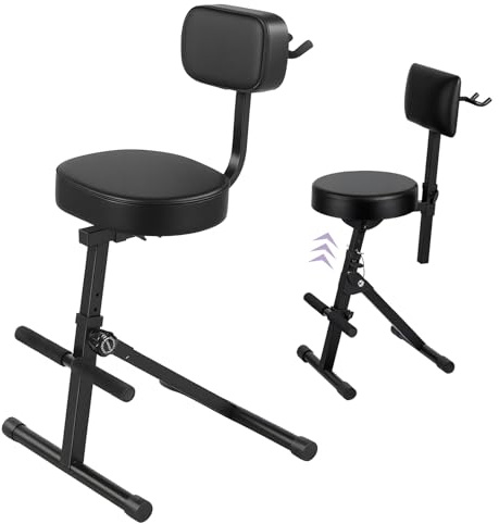 Guitar Stool with Padded Seat,Ergonomic Backrest and Footrest, Adjustable Guitar Seat with Rear Mounted Hanger, Holds Both Acoustic & Electric Guitars, for Adults for Home Studio Black