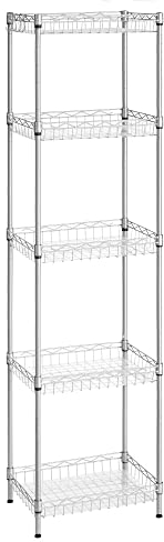 SONGMICS Metal Storage Shelf, Wire Basket Shelving Unit, Kitchen Storage Rack, 4 Hooks, PP Sheets, Adjustable Shelves, Total Load Capacity 100 kg, for Bathroom, Pantry, Small Spaces, Silver LGR105E01