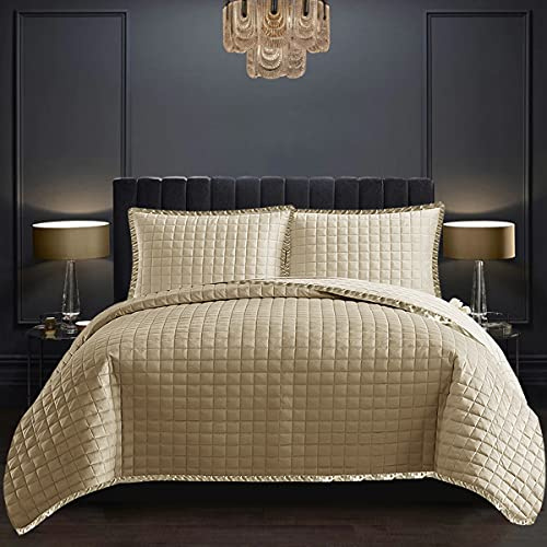 PRIME LINENS Quilted Comforter Double Bedspreads & Coverlets 100% Cotton Beautiful Silk Border Complete Quilt Bedding Set with 1x Bedspread + 2 Pillow Shams (Osca Beige)