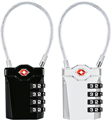 Diyife TSA Bagagelås [2 ST] 4-siffrigt Kombinations Säkerhetslås Reselås, med 14 cm Flexibel Kabel för Resväska Bagage Ryggsäck Skola Eller Gym Skåp, etc. (Svart + Silver)