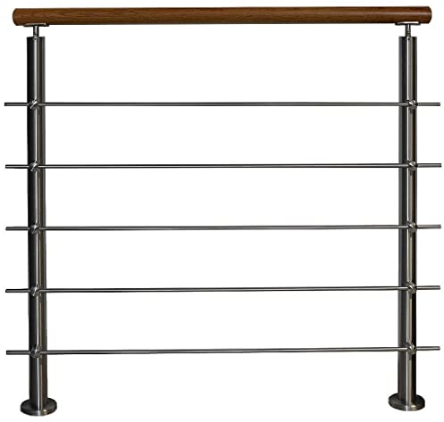 TIBU Edelstahl Geländer Aufmontage mit Eiche Handlauf und waagerechten Streben für Balkon Terrasse Treppe mit 5 Streben 2,0 m mit 3 Pfosten